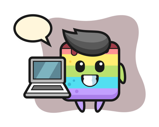 吉祥物彩虹蛋糕和一台笔记本电脑图片下载