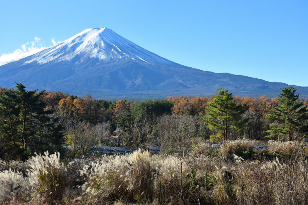 日本富士山旅游著名地标。蓝蓝的山，彩色的天空，乡村的背景图片下载