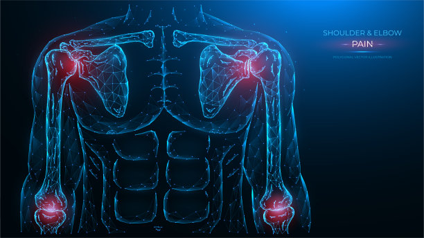 人体解剖模型。疼痛，损伤和炎症的肩膀和肘关节正面视图多边形插图上的蓝色背景。关节疼痛的概念图片下载