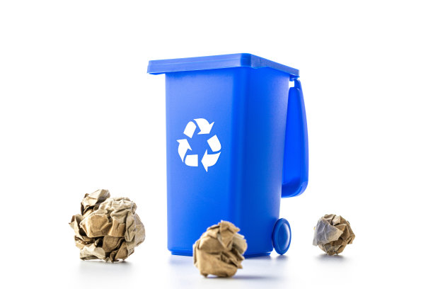 回收图标。垃圾箱容器，用于处理垃圾，节约环境。蓝色垃圾桶用于回收纸垃圾，在白色背景上隔离。图片下载
