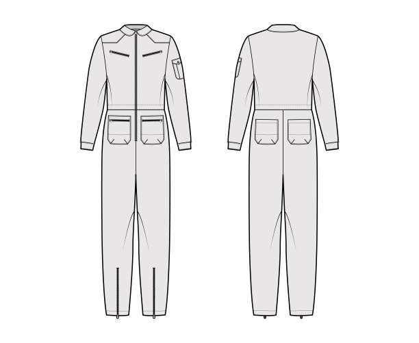飞行员连体衣整体工装裤技术时尚插图与全长，正常腰，拉链口袋，超大图片下载