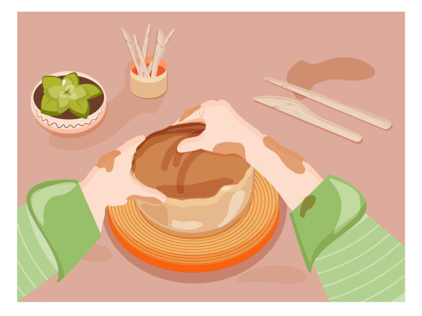 女性的爱好的概念。陶器。手放在桌子上。元素的创造力。女性。的爱好。在粘土。陶工的轮子，粘土，工具和花盆中的花。平面风格的向量。图片下载