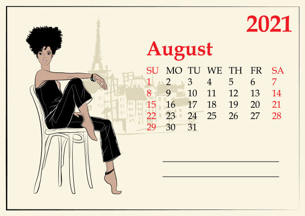 8月2021年日历与时尚女孩在素描图片下载