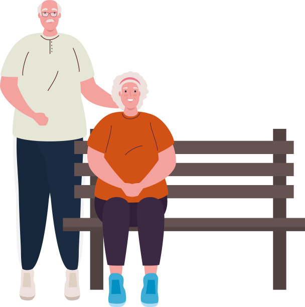 一对可爱的老夫妇在白色背景的椅子公园里图片下载