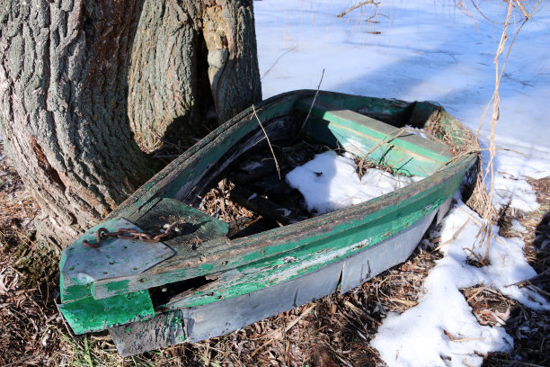 结冰的湖边有一条废弃的旧木船。图片下载