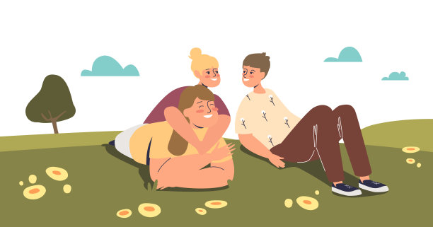 妈妈和孩子们一起躺在户外的绿草地上。快乐的母亲和儿子女儿图片下载