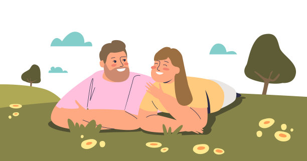 一对年轻的恋人躺在草地上，开心地微笑着看着对方图片下载