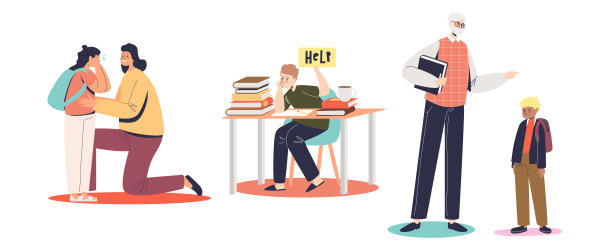 悲伤的学生设置:哭泣的女学生，疲惫的学生和老师尖叫的男学生图片下载