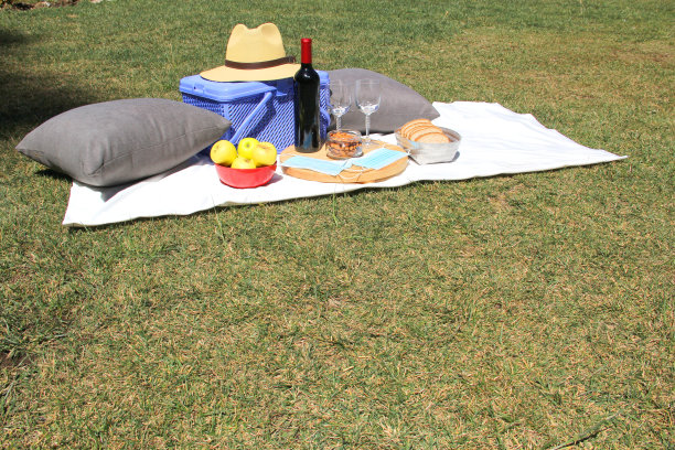 野餐在大流行。装着酒和食物的篮子在户外的森林里和防护口罩图片下载