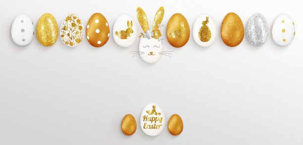 复活节的构图是许多银光闪闪的、白色的、金色的彩蛋放在白色的背景上。带花的鸡蛋，小兔子，题词复活节快乐。复活节模型，大横幅。俯视图，关闭，复制空间图片下载