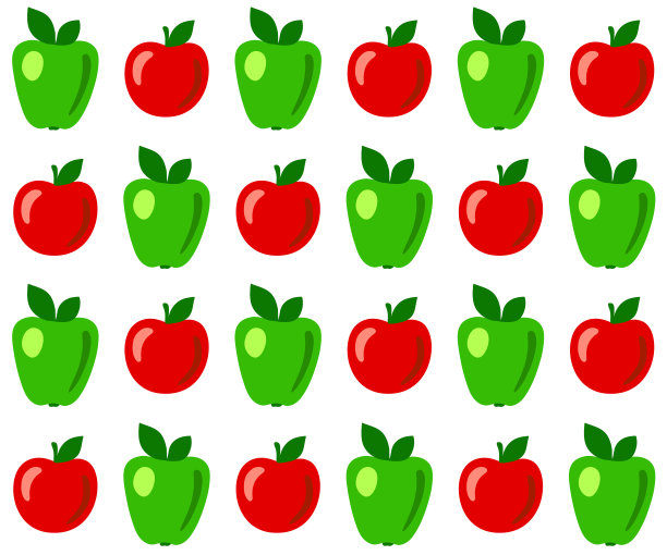 多汁的无缝图案背景与程式化的苹果。绿苹果和红苹果交替。色彩鲜艳的水果在平面设计的织物，纺织品，商品，包装。孤立在白色背景上。向量。图片下载