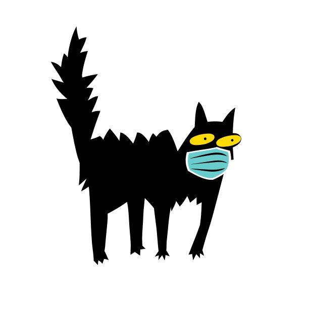 一只戴着医用口罩以防感染病毒的猫，黑白剪影载体插图。图片下载