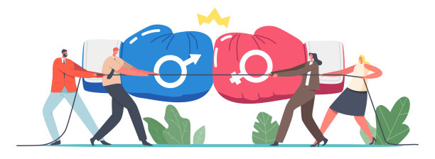 性别团队竞争，办公室超级英雄战斗概念。男女商人人物拔河比赛图片下载