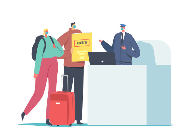 男性和女性角色戴着医疗口罩，带行李和健康护照在机场登记图片下载