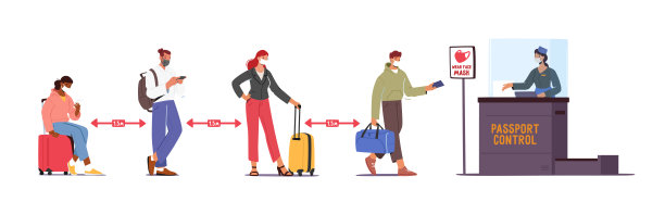 医护口罩中的乘客人物在机场排队保持距离准备航班登记文件图片下载