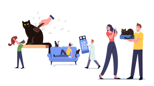 猫过敏的概念。对宠物皮毛有过敏反应的男女角色，小医生携带巨大的抗组织胺图片下载