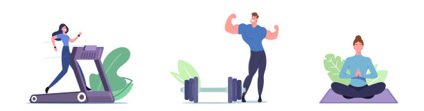 集合人们做运动，训练，锻炼，运动活动，男女人物在运动穿着锻炼和瑜伽图片下载