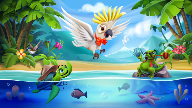 高质量的3D徒手插图动物的神奇世界在一个美丽的海滩。图片下载