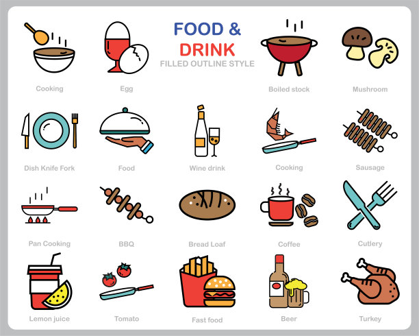 食品饮料图标设置为网站，文件，海报设计，印刷，应用。食物和饮料概念图标填充轮廓风格。图片下载