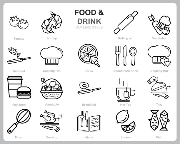 为网站，文件，海报设计，印刷，应用设置食品和饮料图标。食品和饮料概念图标轮廓风格。图片下载