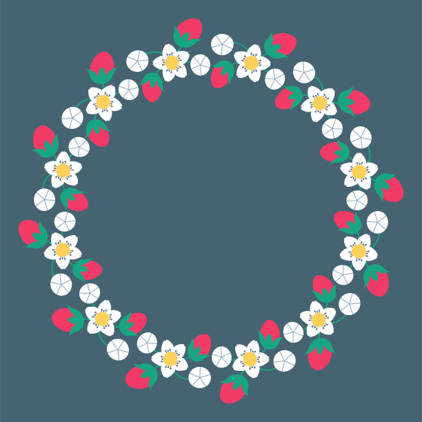 漂亮的圆框架与草莓。节日的设计。花金边界。矢量插图EPS10。图片下载