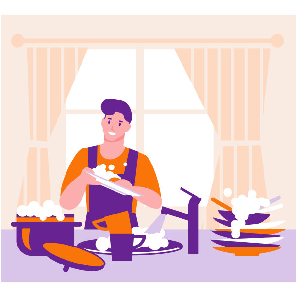 男人在厨房里洗盘子。家庭矢量的概念。插图在平面卡通风格。图片下载