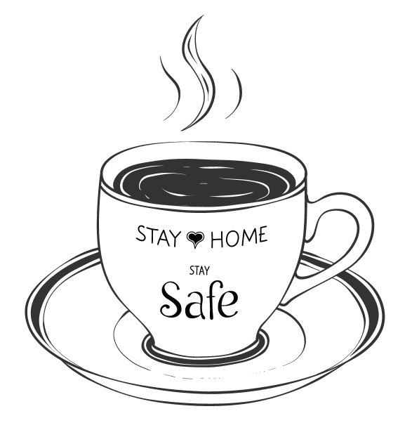 冠状病毒自我隔离徽章，带有激励性文字。一杯茶或咖啡。草图设计。图片下载