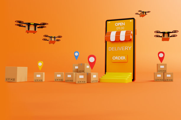 在线配送服务概念，移动应用在线购物，交通运输由无人机服务，电子商务概念，智能手机模型孤立的橙色背景，3d渲染图片下载