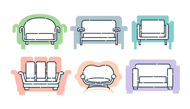 六个舒适的沙发和枕头。平面插图与沙发在形状的背景。现代时尚的休闲对象。设置图像的沙发在线条艺术风格。室内元素家具图片下载