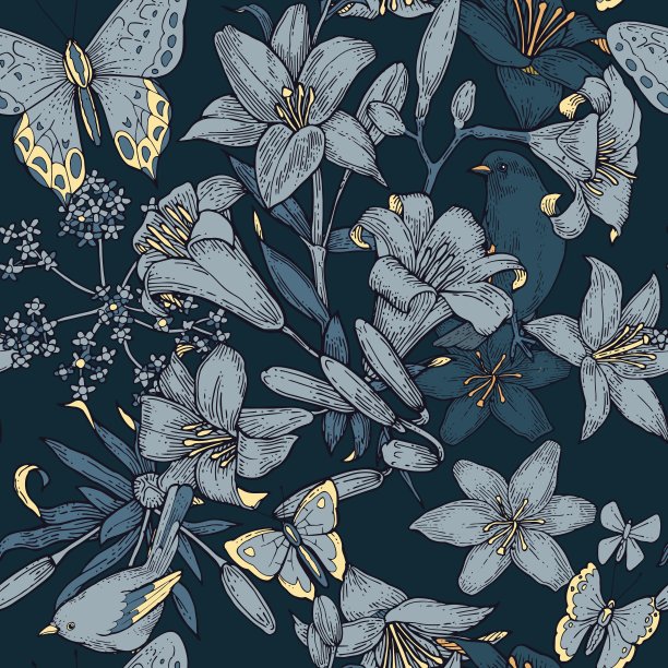 莉莉花。墙纸和织物的无缝图案。背景说明。手绘轮廓。园林植物的开花抽象的花卉图片与蝴蝶。向量图片下载
