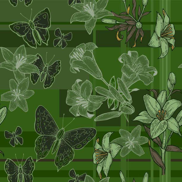 莉莉花。墙纸和织物的无缝图案。背景说明。手绘轮廓。园林植物的开花抽象的花卉图片与蝴蝶。向量图片下载