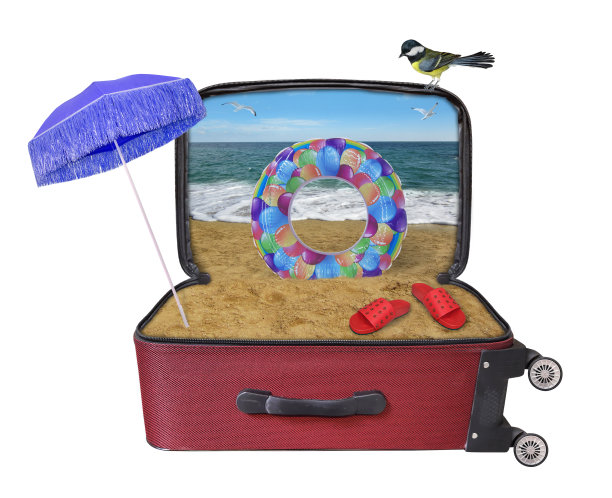 充气戒指和拖鞋放在手提箱里图片下载