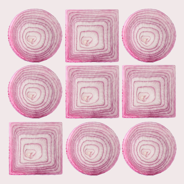 图案由圆形和方形红色洋葱片在柔和的米色背景。极小食物变换几何艺术构成。图片下载