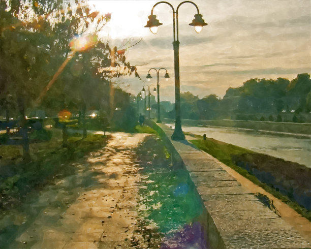 河边铺砌的城市步行街上的暮色图片下载