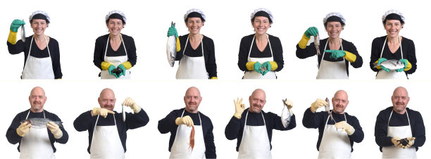 一个鱼贩的肖像在白色的背景图片下载