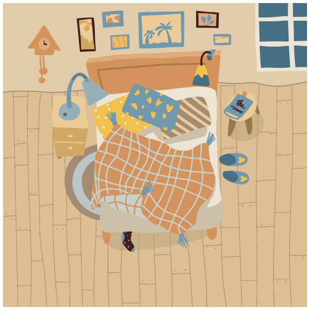 卧室乱七八糟。平顶视图内部风格。有床的舒适房间。舒适地睡觉。向量。图片下载