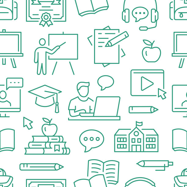 在线教育无缝模式。矢量背景包括线图标作为笔记本电脑，黑板，学生，个人学习大纲象形象形学校，学院，大学培训。可编辑的中风图片下载