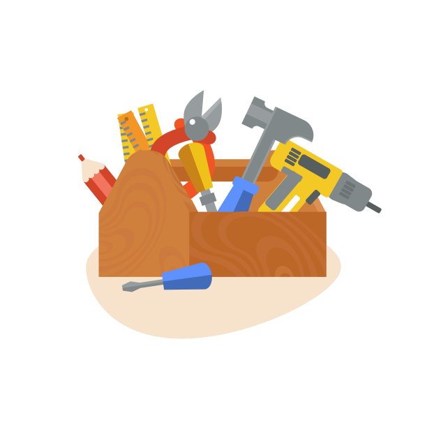 施工修理工具平面图标设置。卡通木制工具箱与锤子，螺丝刀，扳手。孤立的平组图片下载