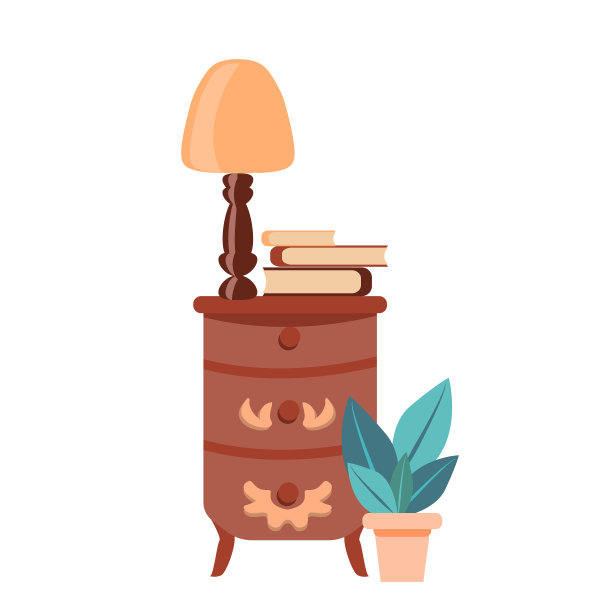 一个单独的优雅的古董床头柜，一盏灯和书，孤立在一个白色的背景。平底风格的复古抽屉柜。矢量手绘古董家具。图片下载