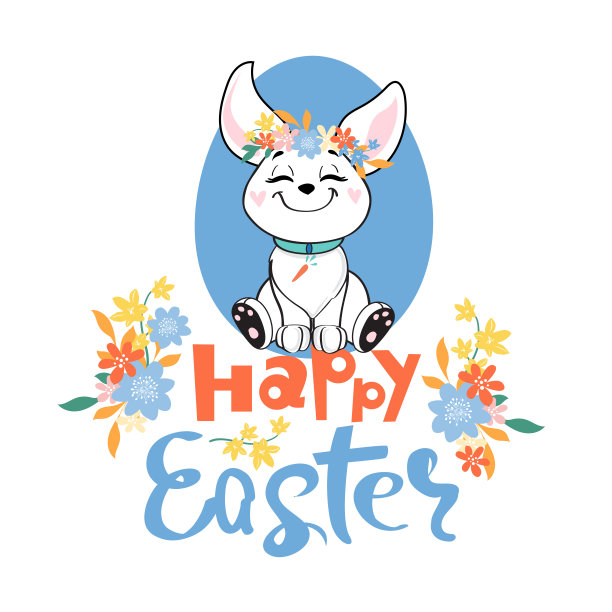 复活节兔子上彩蛋和题词复活节快乐。祝贺的矢量插图。画动物的脸滑稽的兔子图片下载
