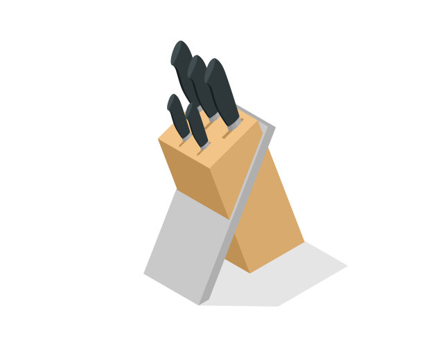 木块中的等距刀孤立在白色背景上。采购产品厨房刀组与块，不锈钢厨师刀组磨刀器，牛排刀，削皮刀，木制块图片下载