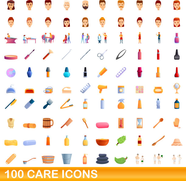 100个护理图标设置卡通风格图片下载