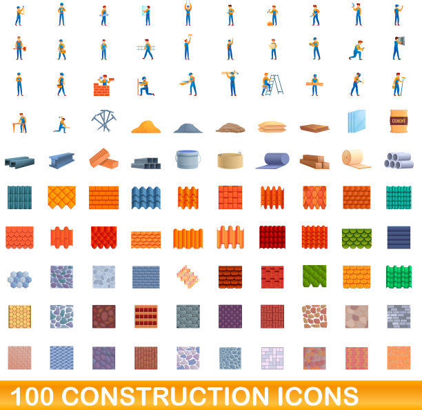 100个建筑图标设置卡通风格图片下载