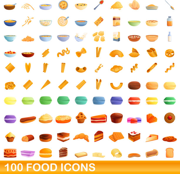 100个食物图标设置卡通风格图片下载