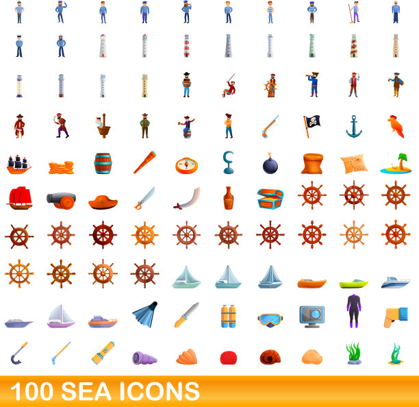100海洋图标设置卡通风格图片下载