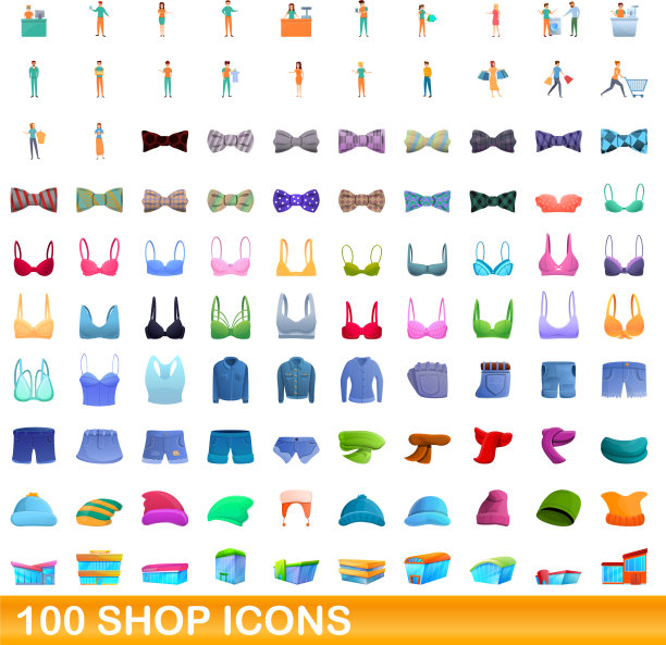 100个商店图标设置卡通风格图片下载