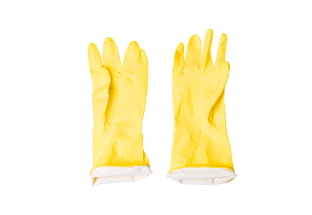 白色背景上的黄色橡胶手套。图片下载