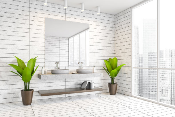 浴室一角铺着白色瓷砖，有双水槽图片下载