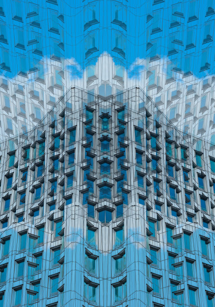 下方全景透视，以钢蓝玻璃高层建筑摩天楼，商业理念成功的工业建筑图片下载