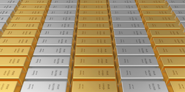 一排排的金条和银条。图片下载